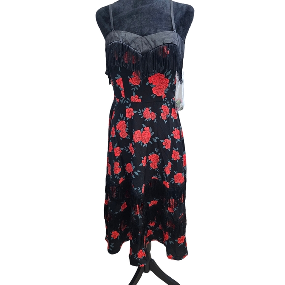 NWT Unique Vintage Red Rose Print Fringe Girlie Swing Dress XS 2 - Picture 5 of 11
